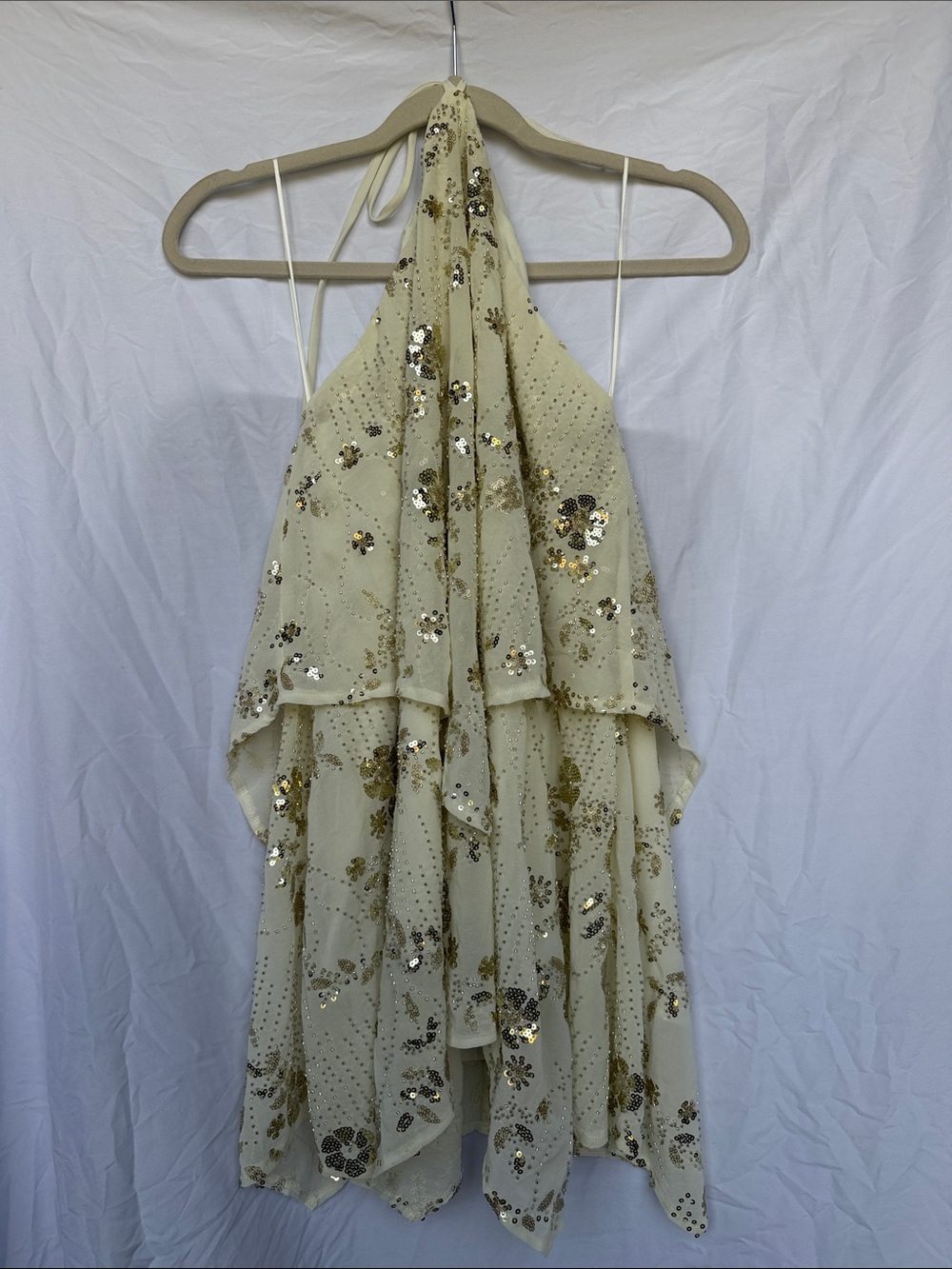 Altar'd State Cream Halter Flowy Dress with Gold Sequins - Picture 3 of 7